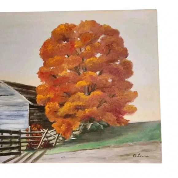 Vintage Mid-Century Painting Fall Autumn Landscape Barn Tree Signed 20x16 in - Picture 4 of 14